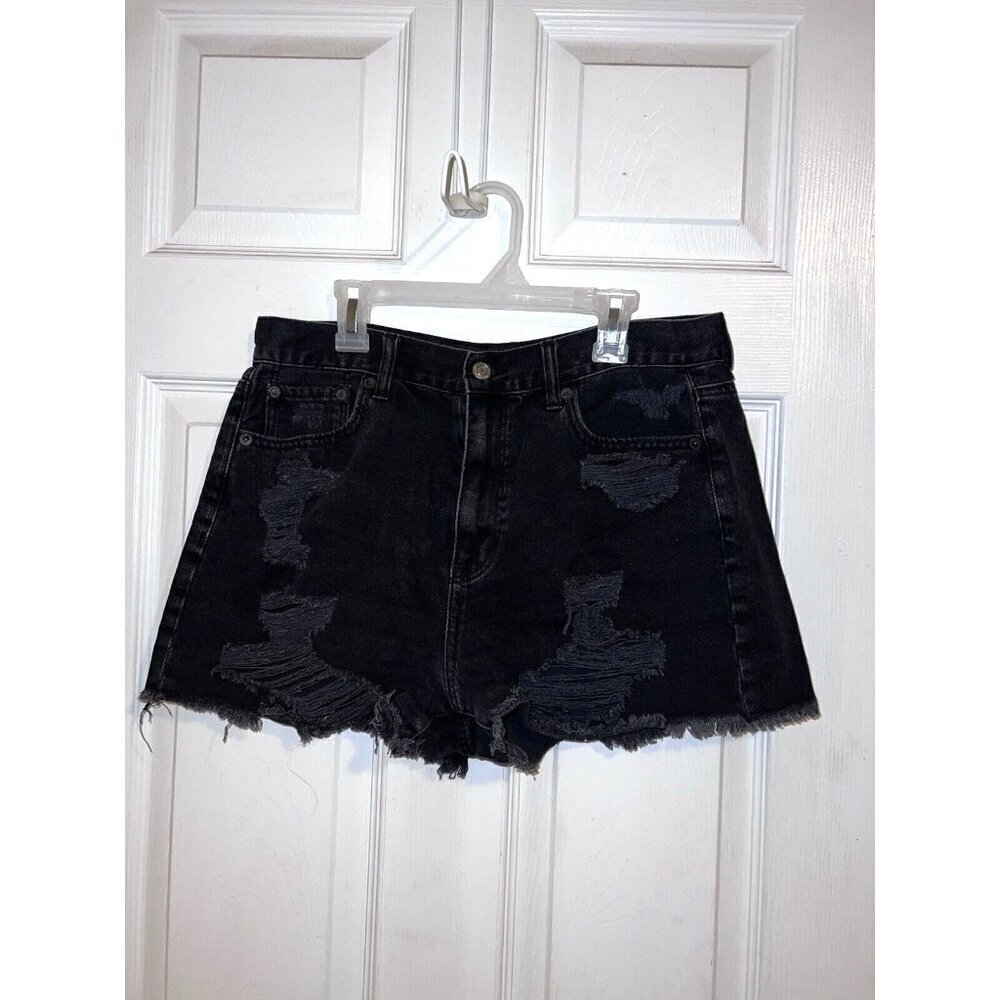 AMERICAN EAGLE Womens Mom Short Black Distressed Denim Jean Shorts Sz 8